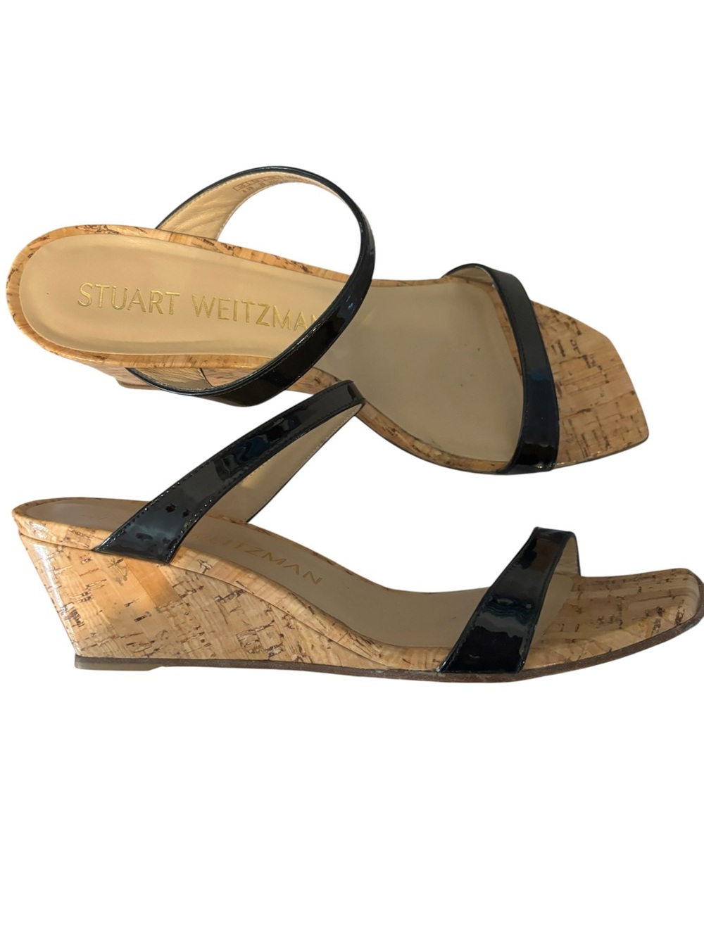Stuart Weitzman Black Patent Double-Strap Cork Wedge Sandals Women’s Size 8 - Picture 2 of 8